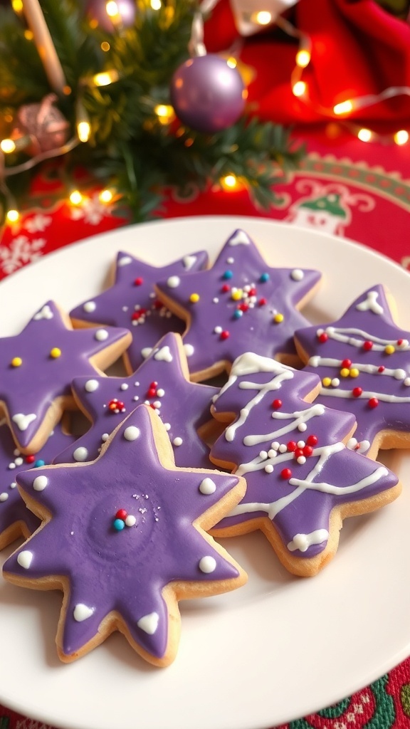 Decorated purple Christmas sugar cookies on a festive table.